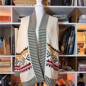 Marine Layer Cream Fair Isle Open Cardigan with Red and Mustard Accents